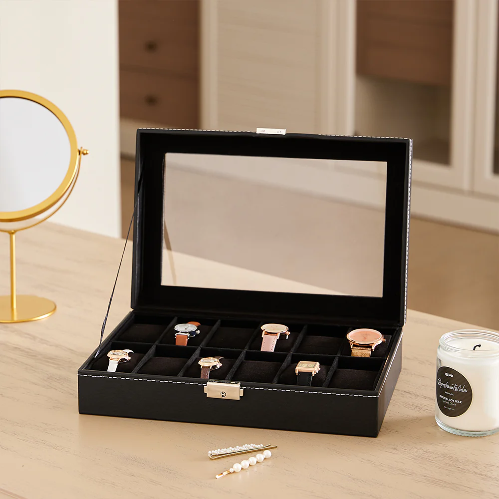 Sheonly 12-Slot Black Synthetic Leather Watch Display Box with Glass Lid - Image 2