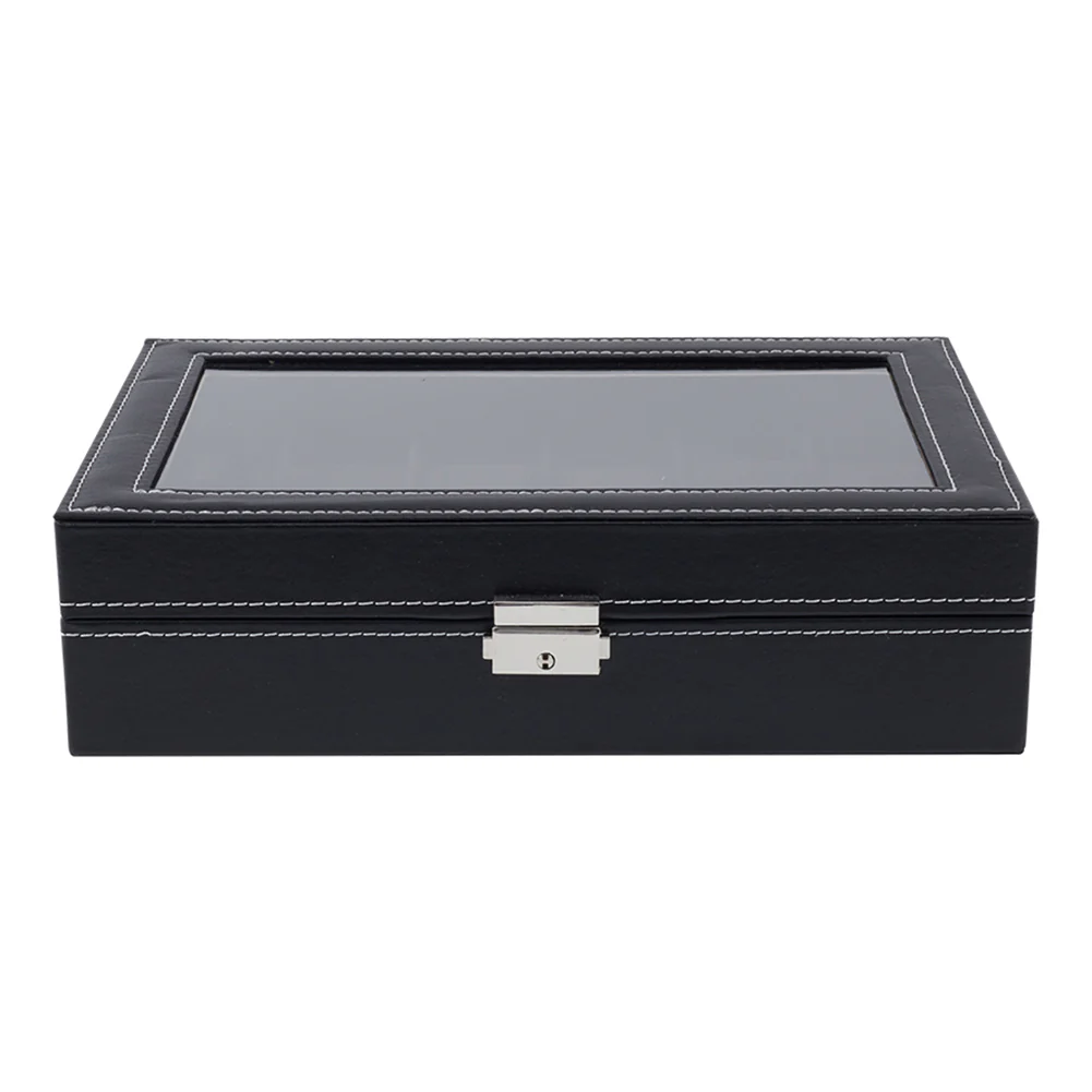 Sheonly 12-Slot Black Synthetic Leather Watch Display Box with Glass Lid - Image 4