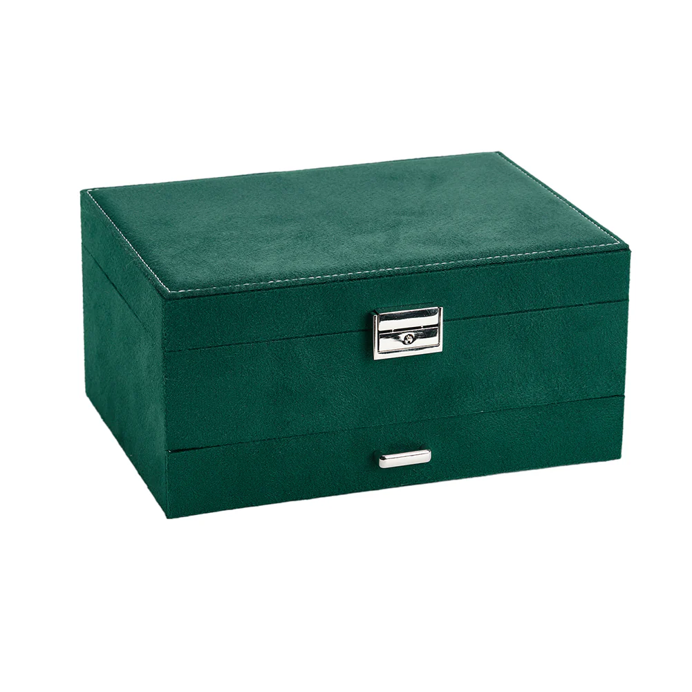 Sheonly 3-Tier Dark Green Velvet Jewellery Box with Lock - Image 5