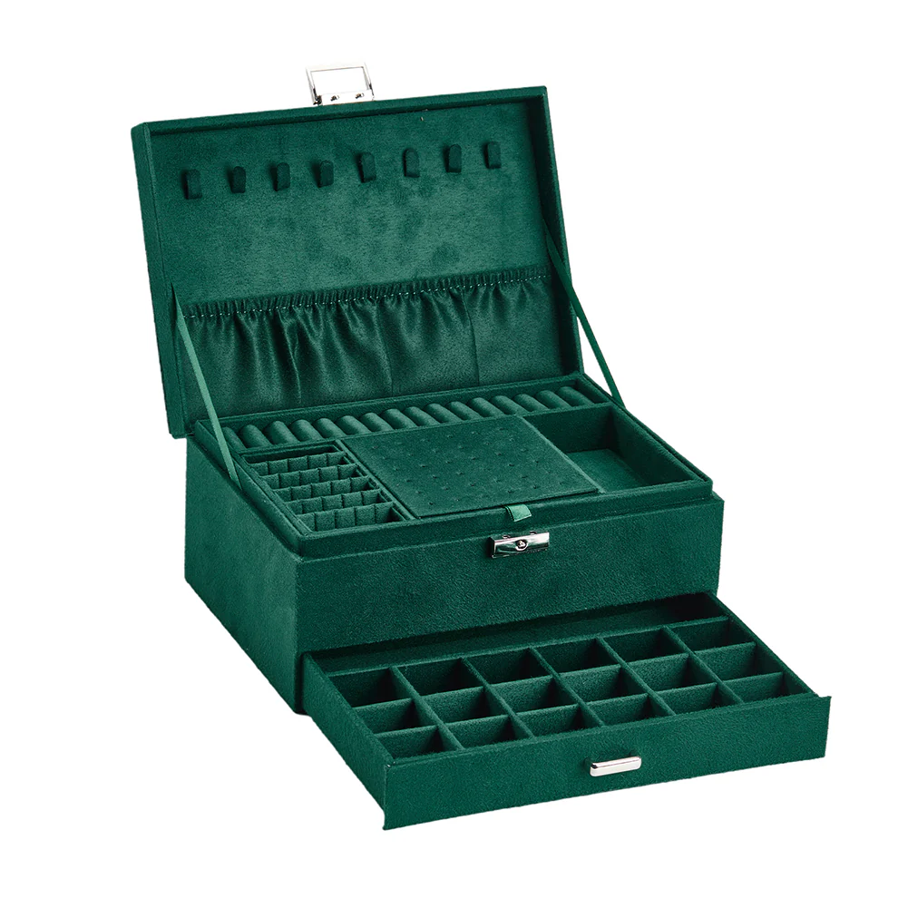 Sheonly 3-Tier Dark Green Velvet Jewellery Box with Lock - Image 6