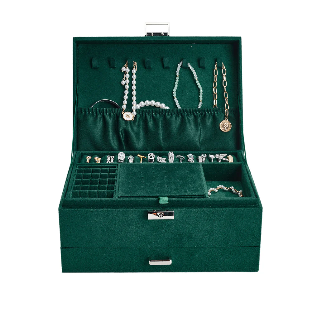 Sheonly 3-Tier Dark Green Velvet Jewellery Box with Lock - Image 7
