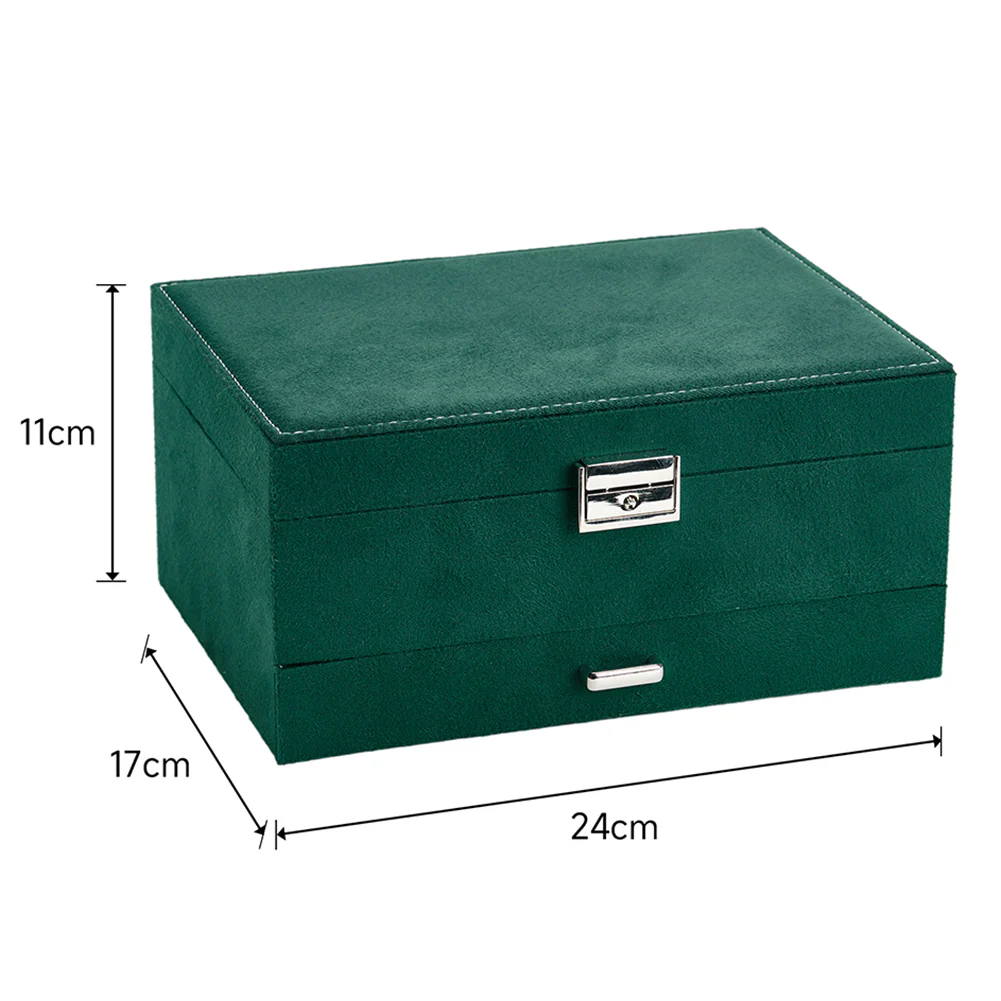 Sheonly 3-Tier Dark Green Velvet Jewellery Box with Lock - Image 8