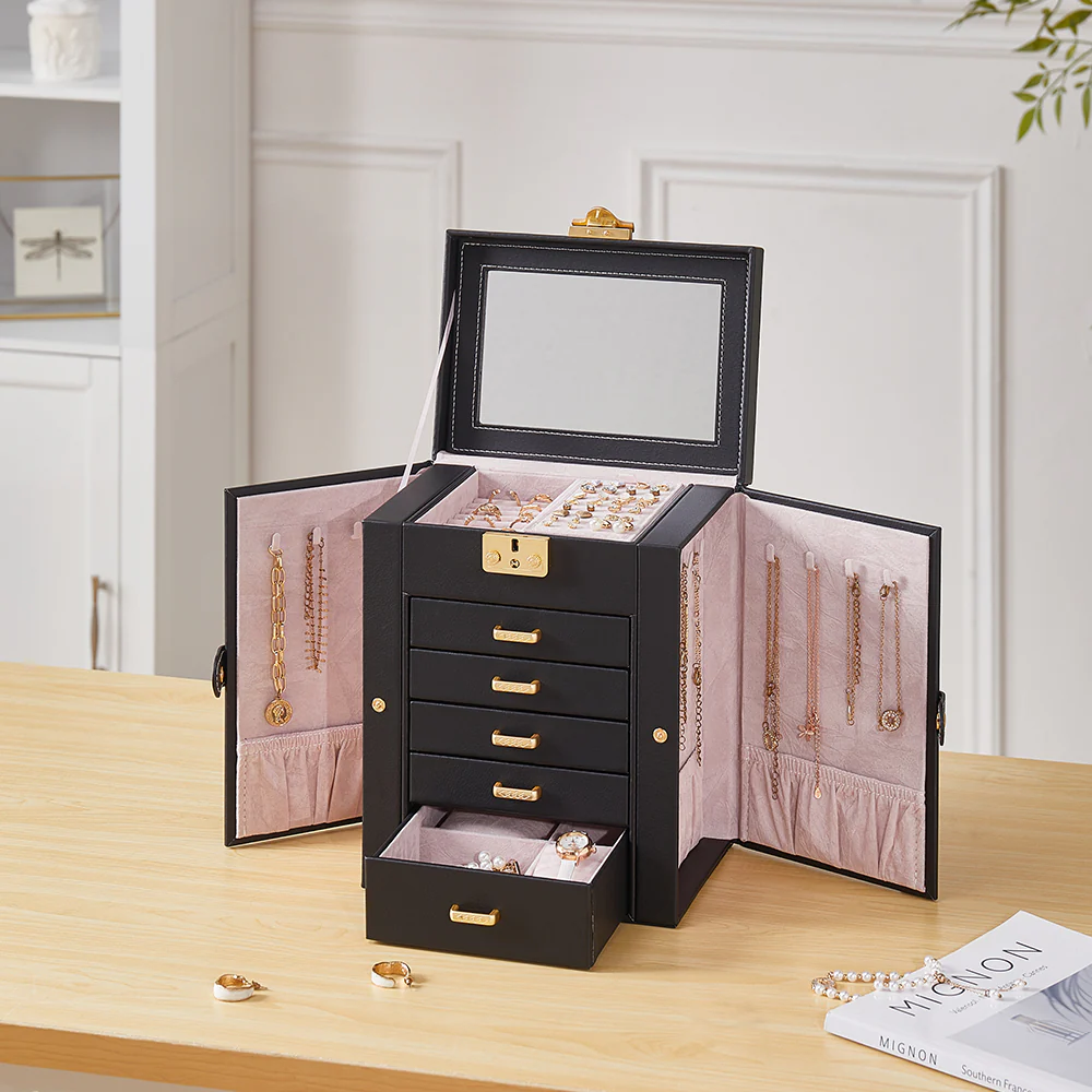Sheonly Faux Leather Large Jewellery Storage Box with Mirror