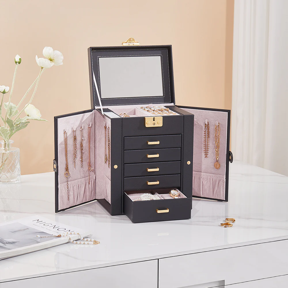 Sheonly Faux Leather Large Jewellery Storage Box with Mirror - Image 2
