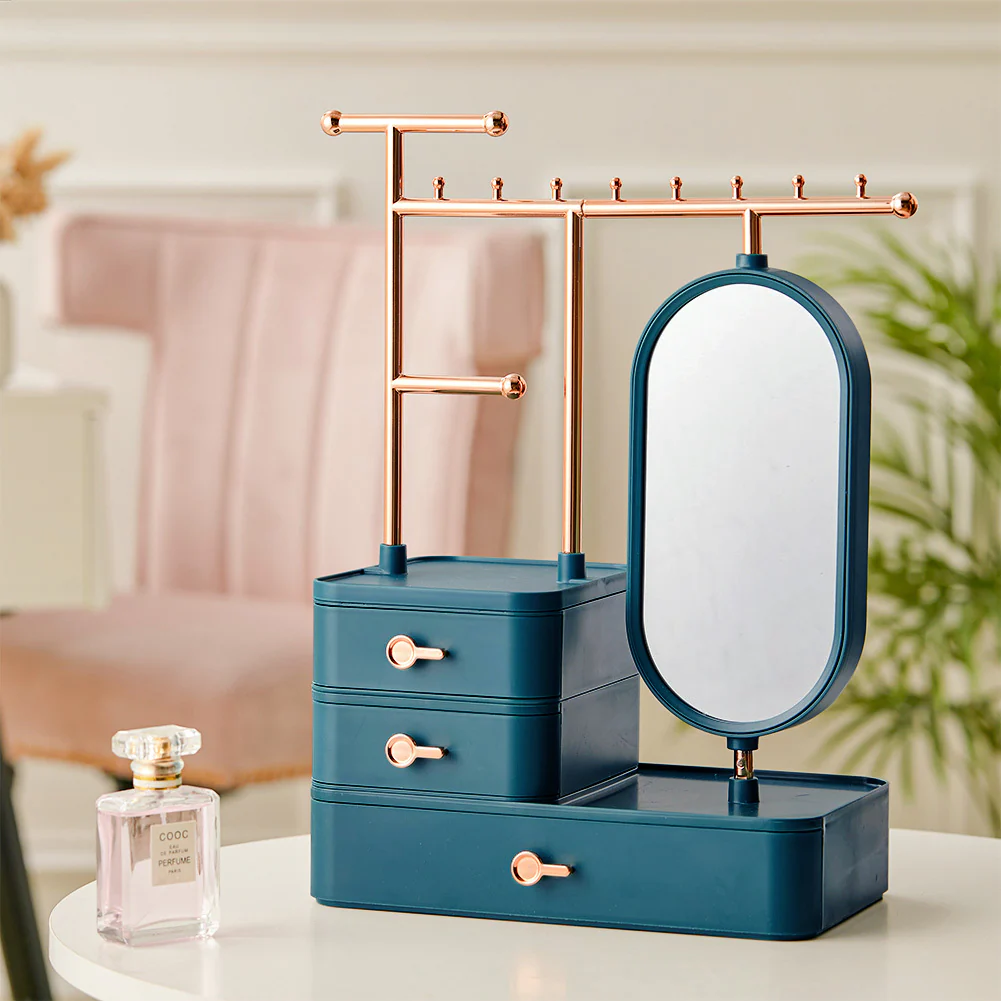 Sheonly Jewelry Organizer with Rotating Mirror and Makeup Storage Box