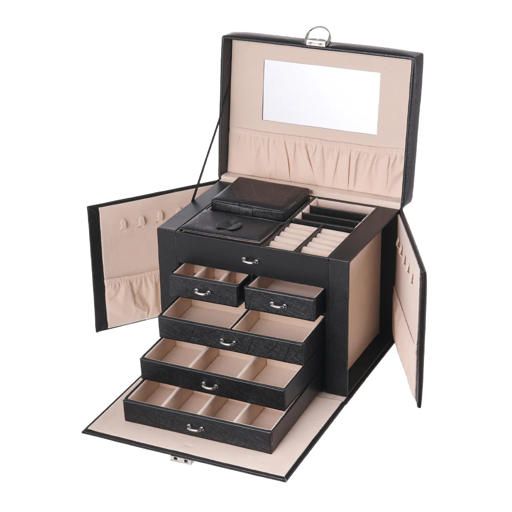 Sheonly Large Multi Tier Faux Leather Jewellery Storage Box with Handle - Image 5