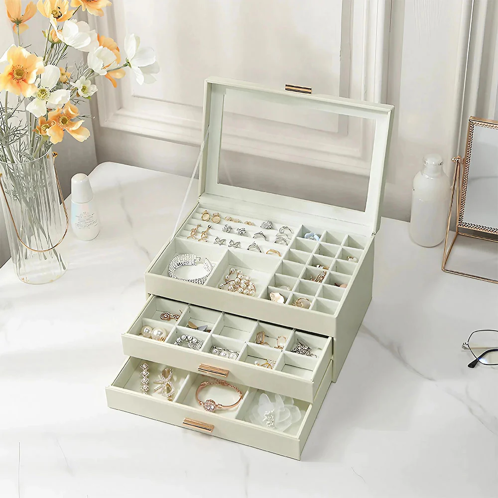 Sheonly PU Leather 3-Tier Jewellery Box Organizer with Drawers