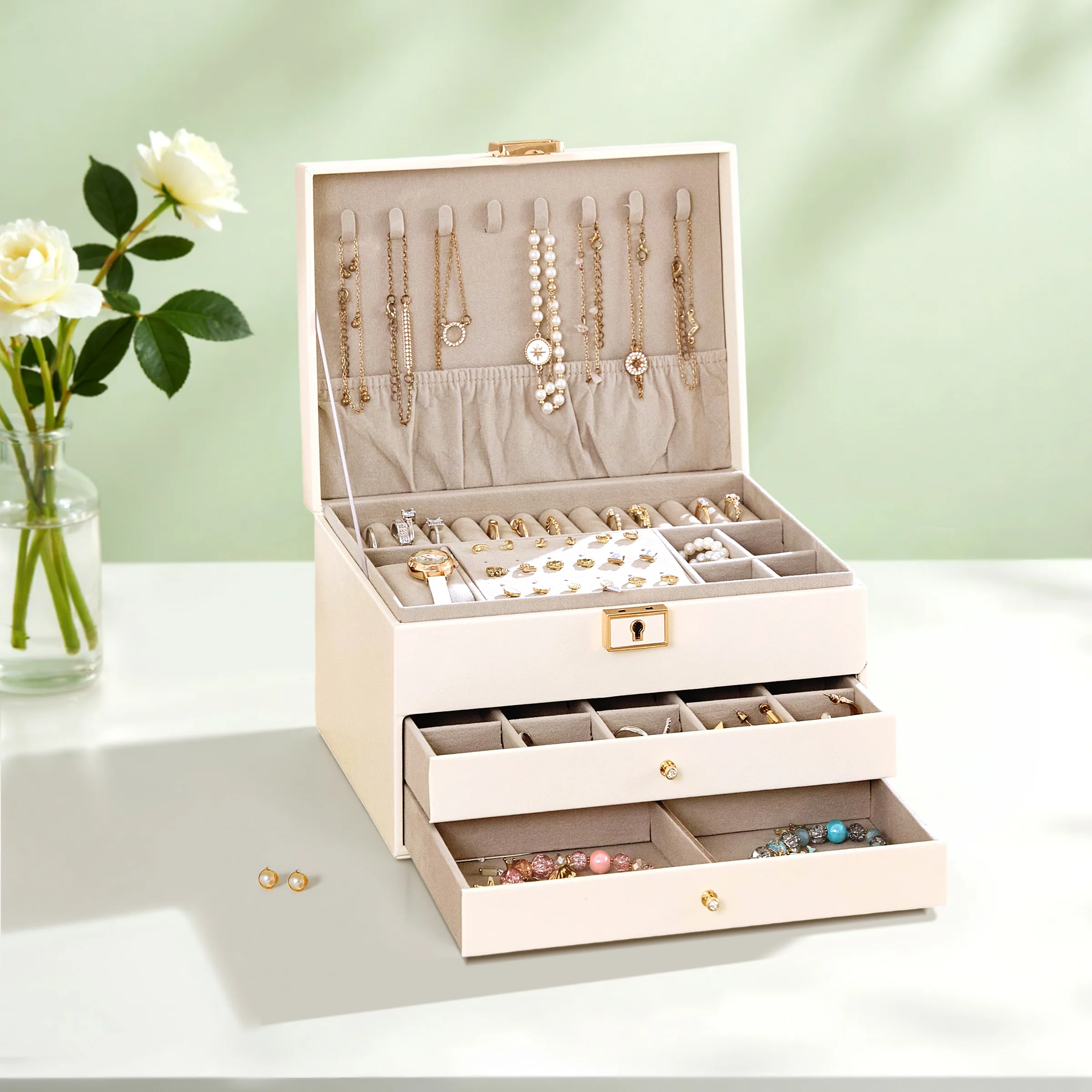 Sheonly PU Leather Jewellery Box with Mechanism Key Lock