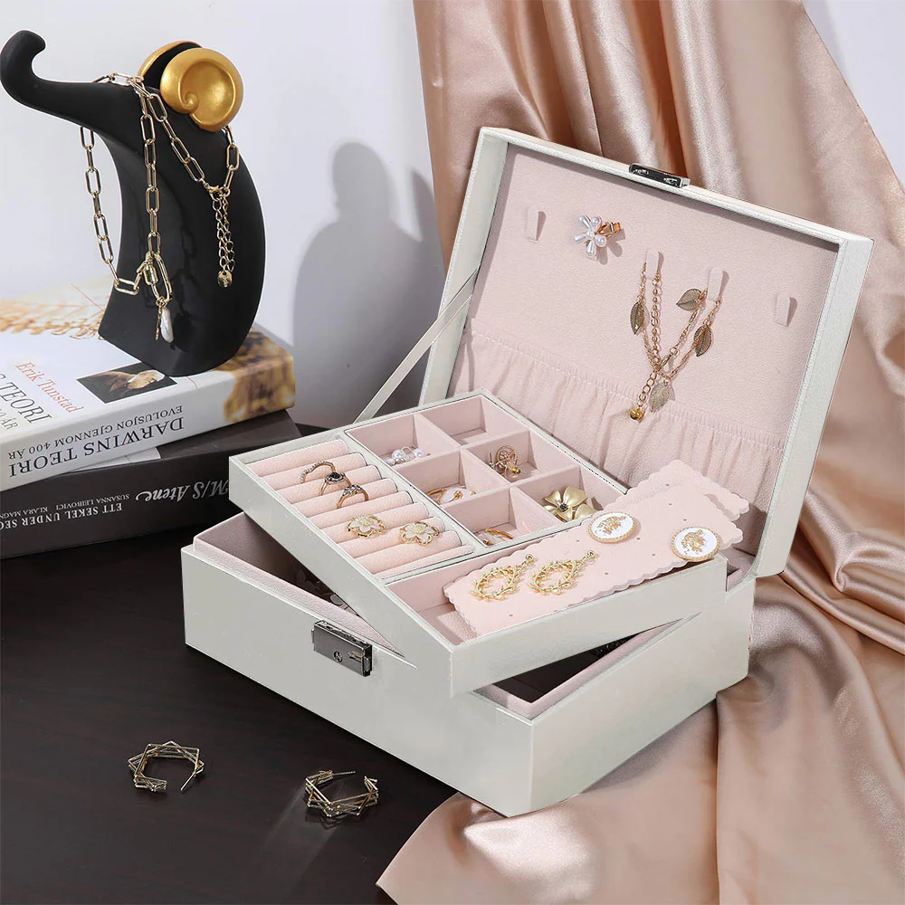 Sheonly White 2-Tier PU Leather Jewellery Box with Lock - Image 2