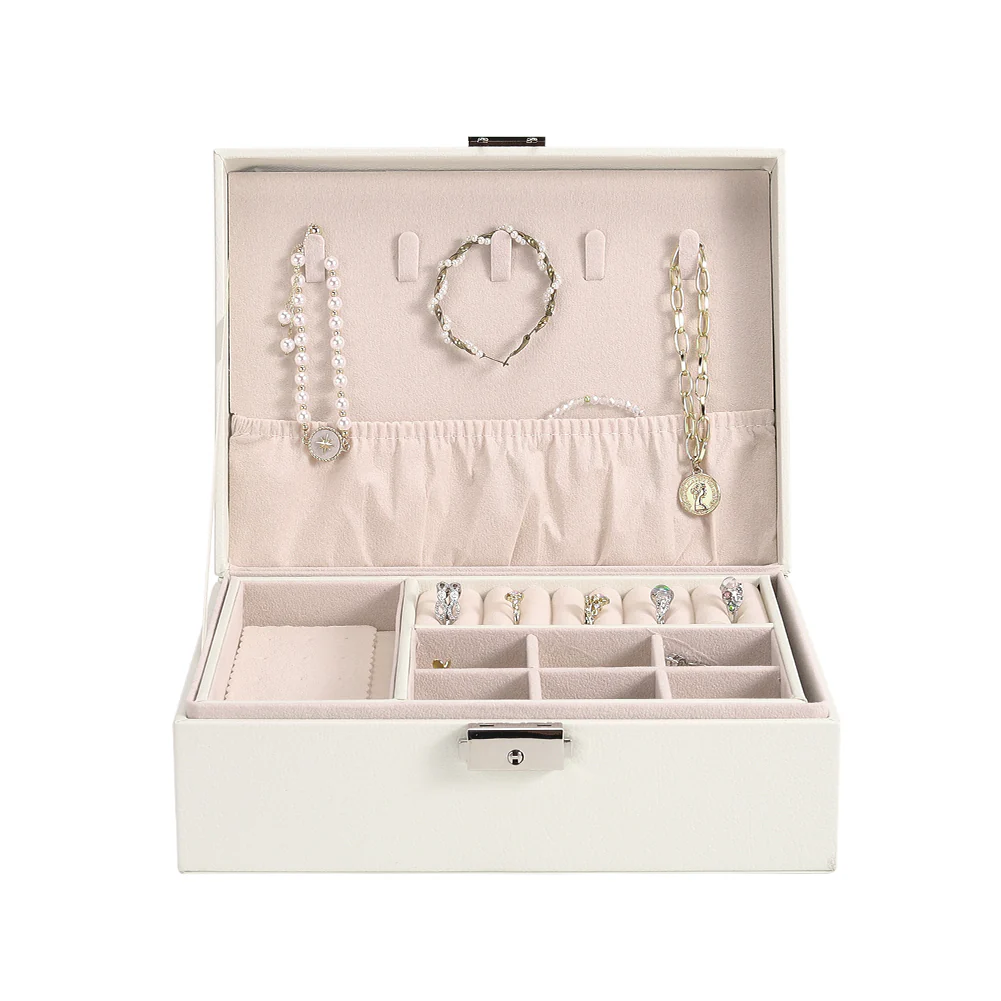 Sheonly White 2-Tier PU Leather Jewellery Box with Lock - Image 3