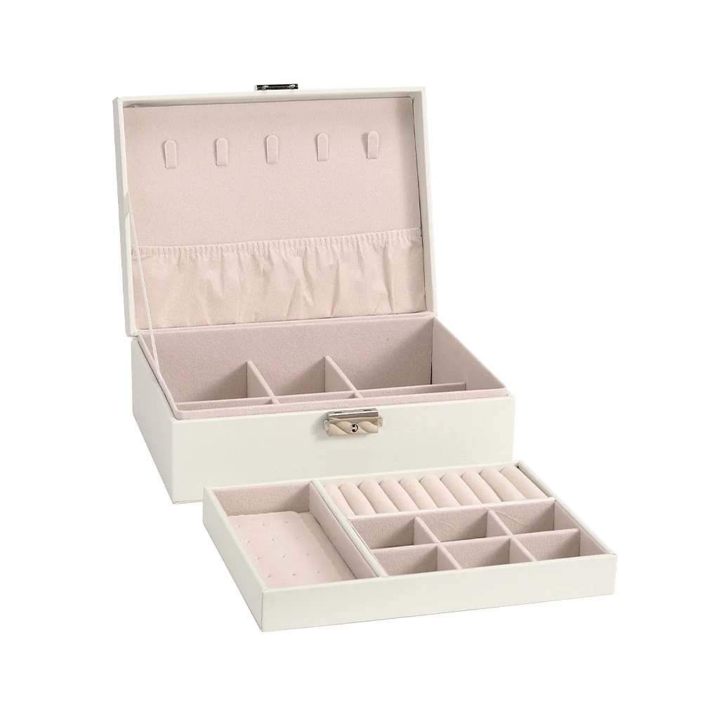 Sheonly White 2-Tier PU Leather Jewellery Box with Lock - Image 4