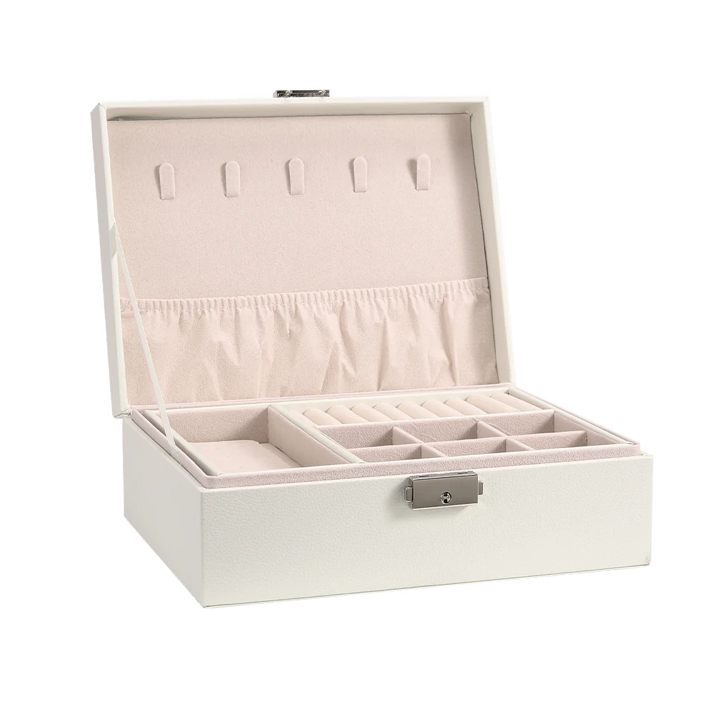 Sheonly White 2-Tier PU Leather Jewellery Box with Lock - Image 5