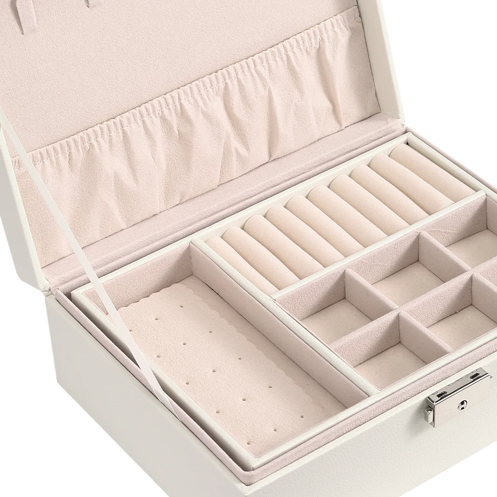 Sheonly White 2-Tier PU Leather Jewellery Box with Lock - Image 7