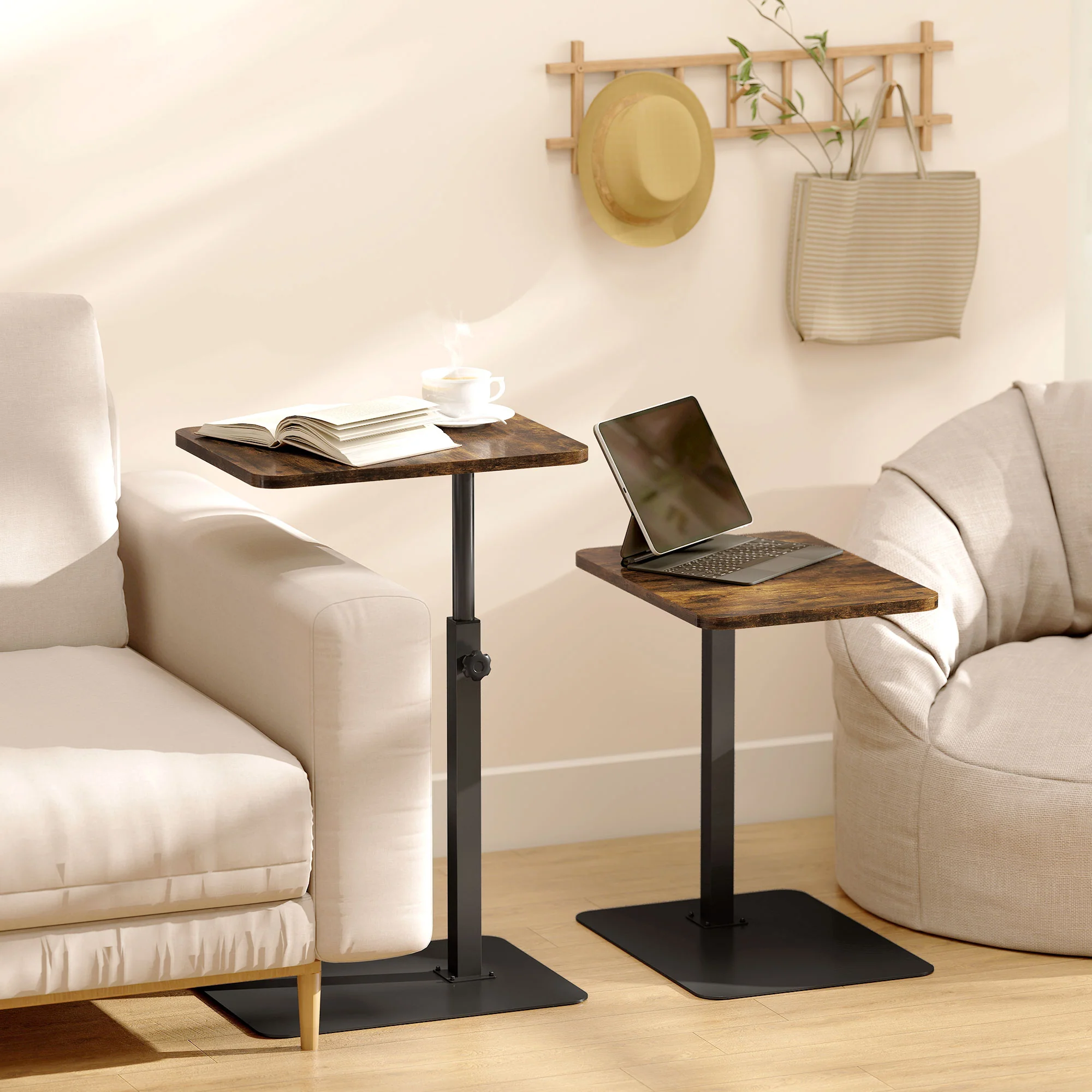 Side Table, C Shaped End Table with Adjustable Height and Metal Base - Image 2