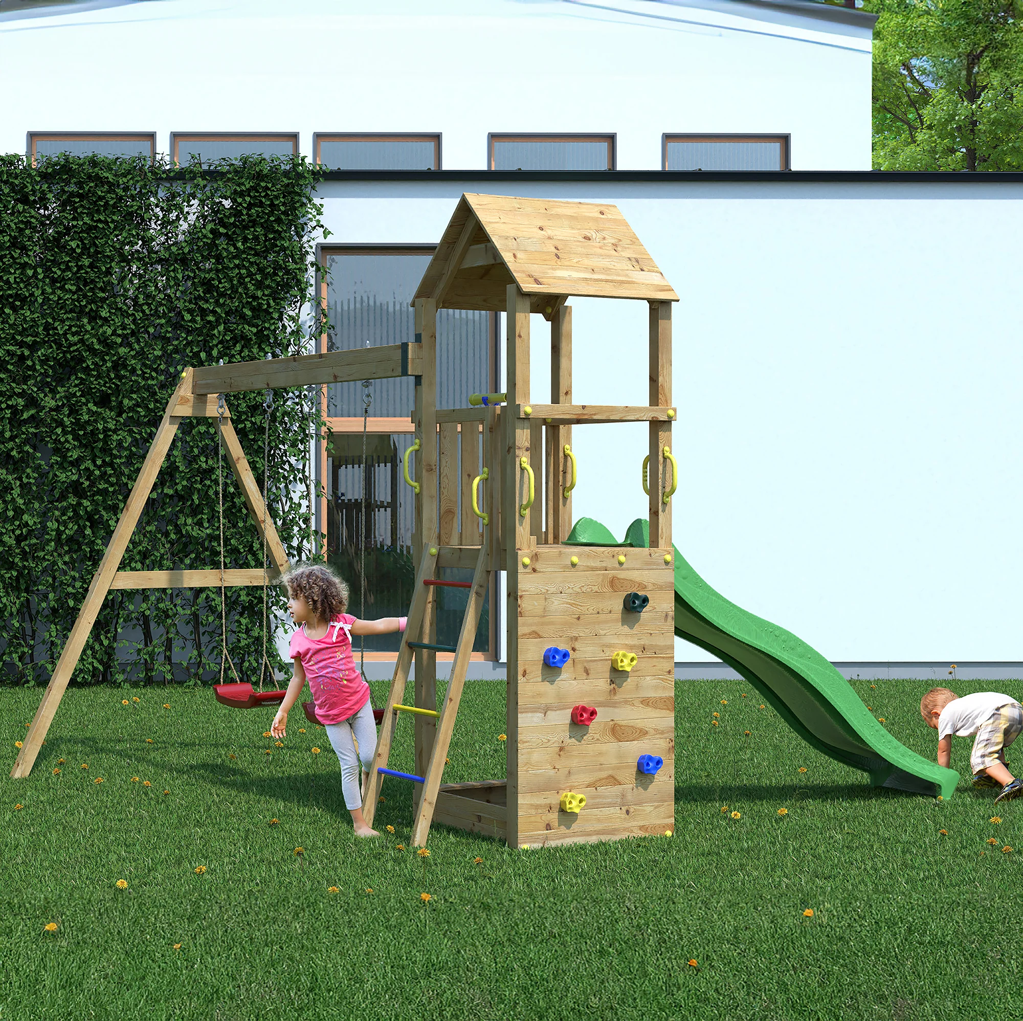 Sky High Hideout Playfort Climbing Frame With Swings And Slide