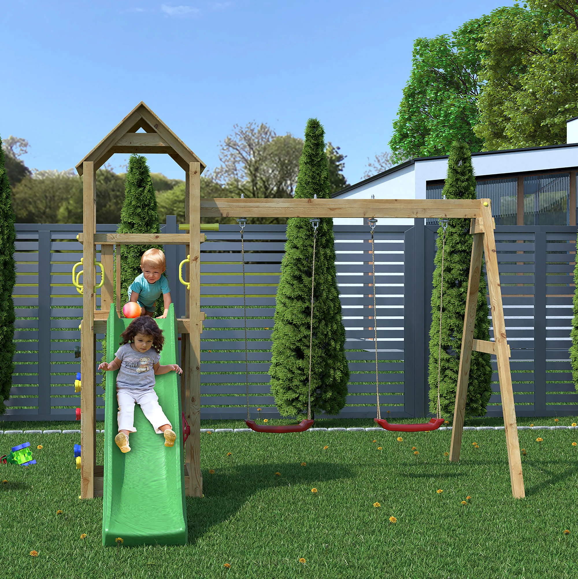 Sky High Hideout Playfort Climbing Frame With Swings And Slide - Image 2