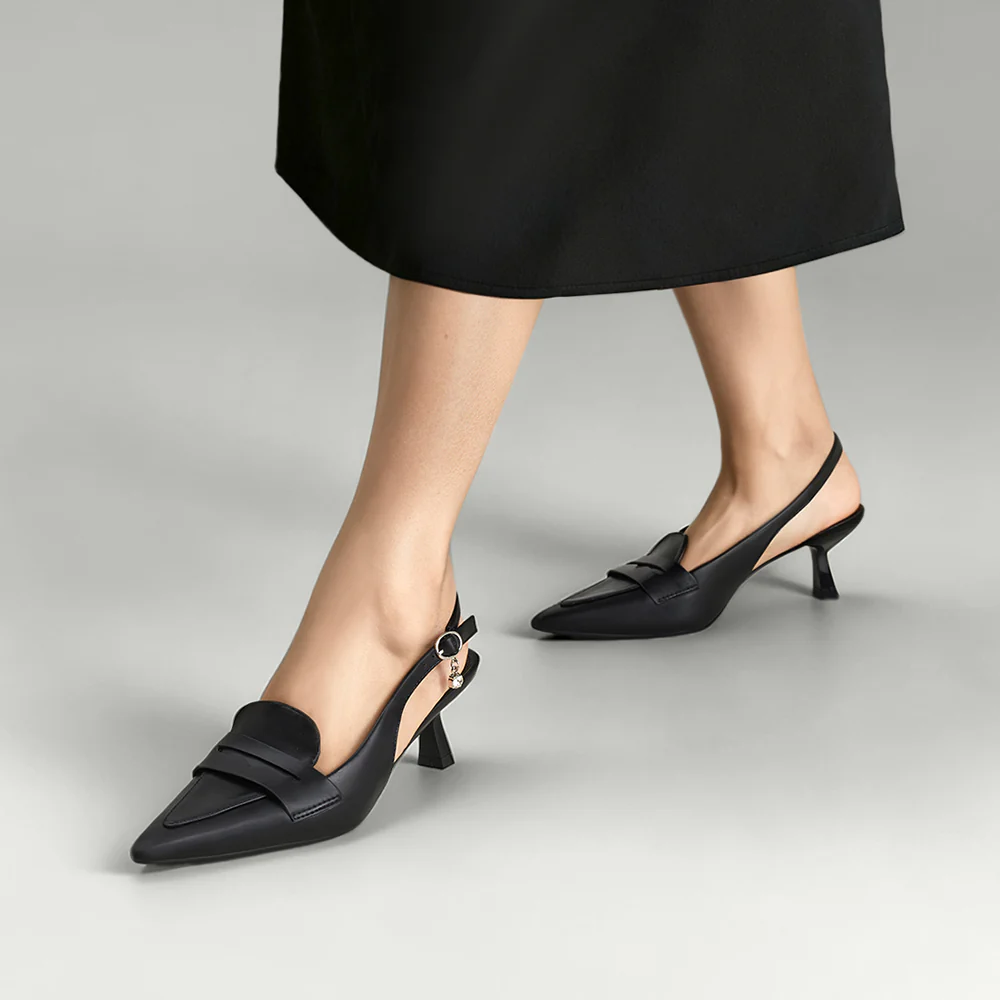 Slingback Pointed Closed Toe Heels Slingback Loafers - Black