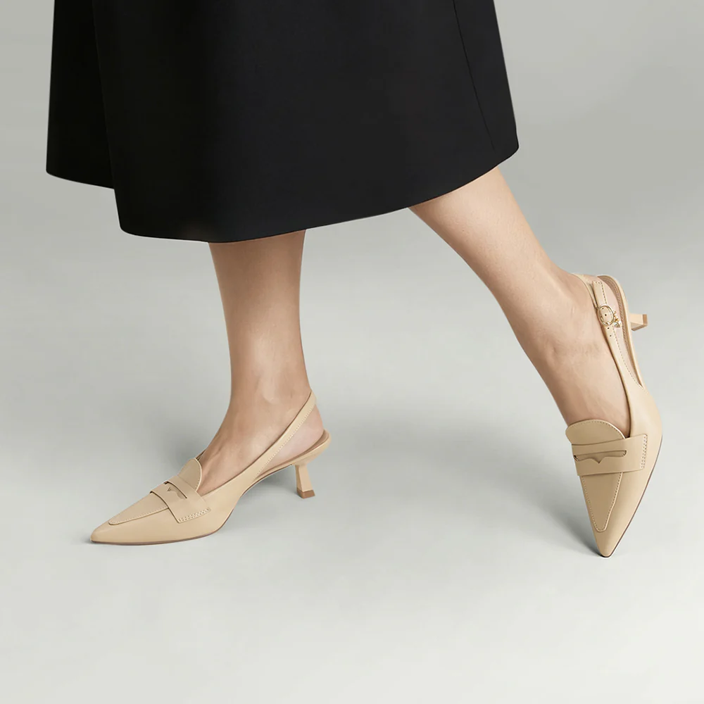 Slingback Pointed Closed Toe Loafer Kitten Heels - Beige