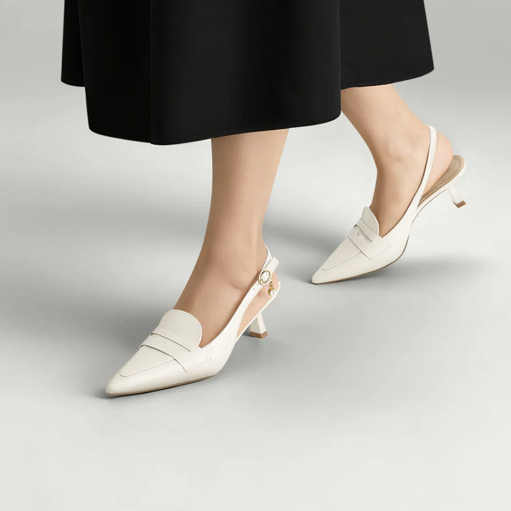 Slingback Pointed Closed Toe Loafer Heels - White