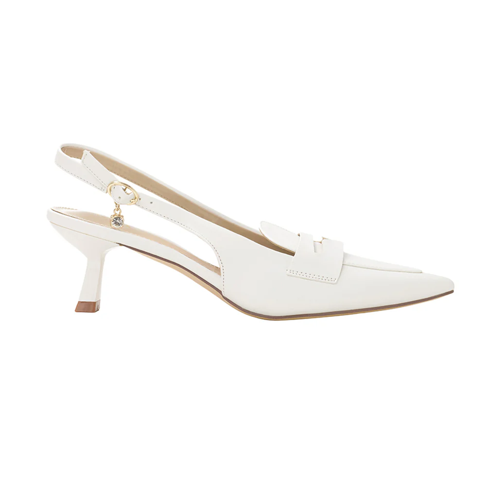 Slingback Pointed Closed Toe Loafer Heels - White - Image 4