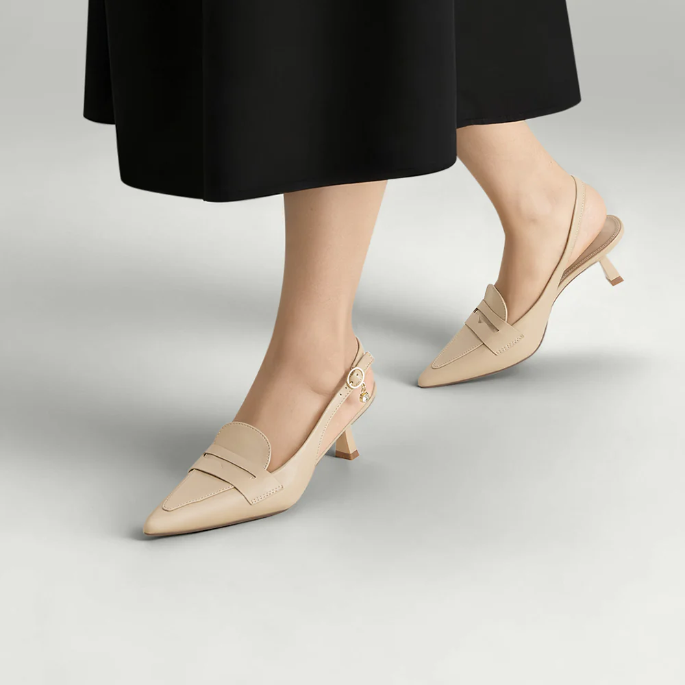 Slingback Pointed Closed Toe Loafer Kitten Heels - Beige - Image 2