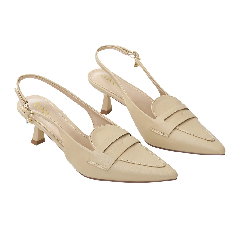 Slingback Pointed Closed Toe Loafer Kitten Heels - Beige - Image 3