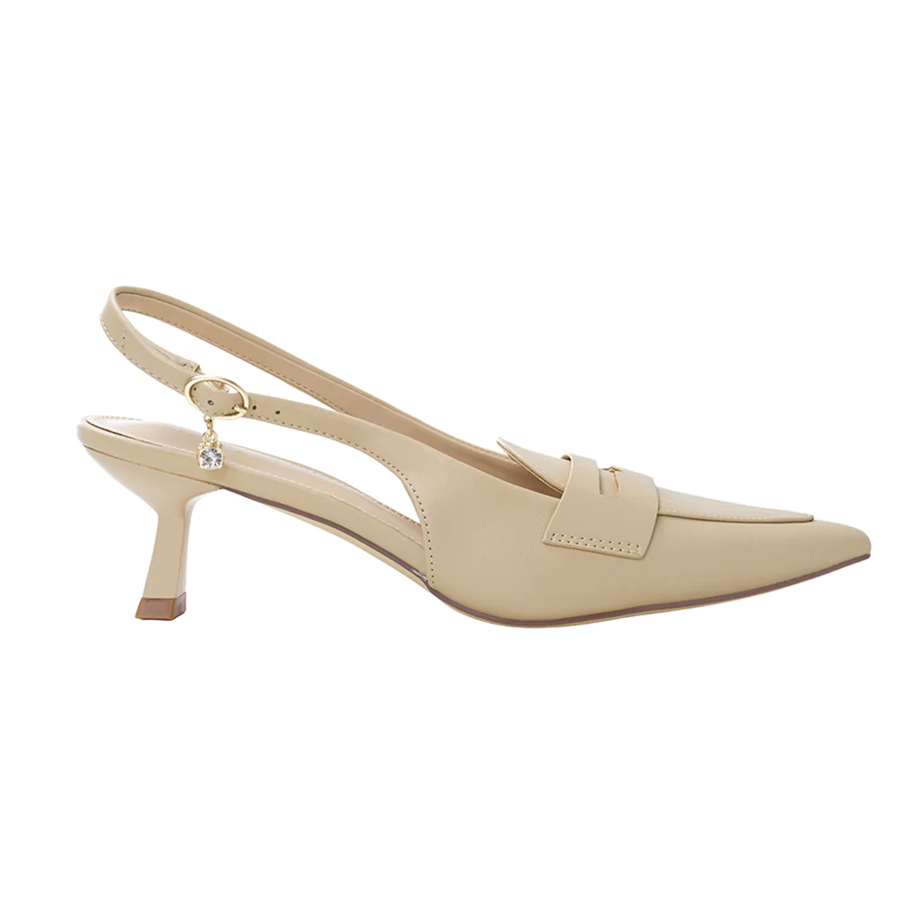 Slingback Pointed Closed Toe Loafer Kitten Heels - Beige - Image 4