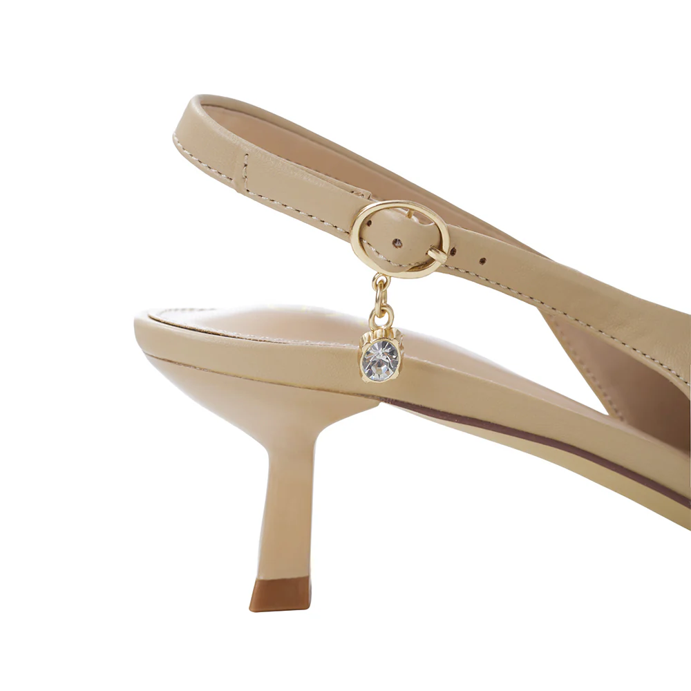 Slingback Pointed Closed Toe Loafer Kitten Heels - Beige - Image 8