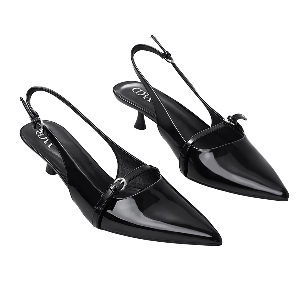 Slingback Pointed Closed Toe Kitten Heels - Black - Image 3