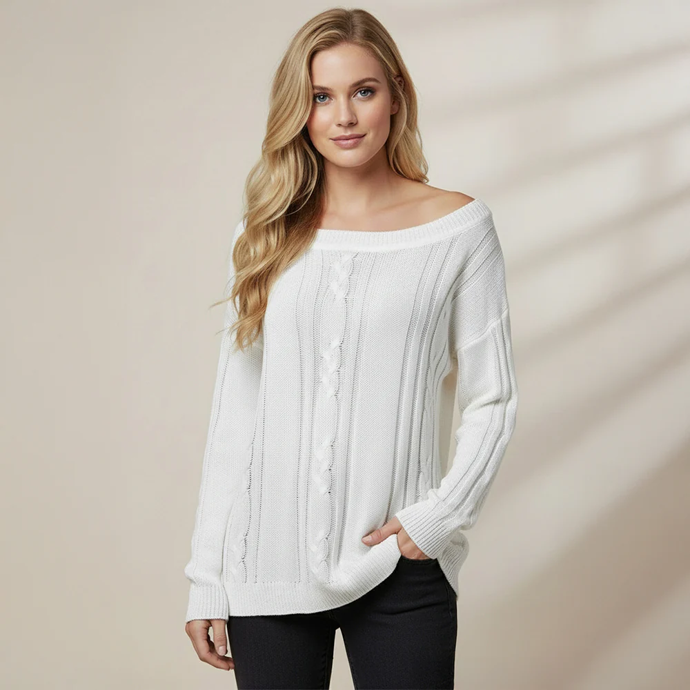 Slouchy Asymmetrical Neck Knitted Sweater - White