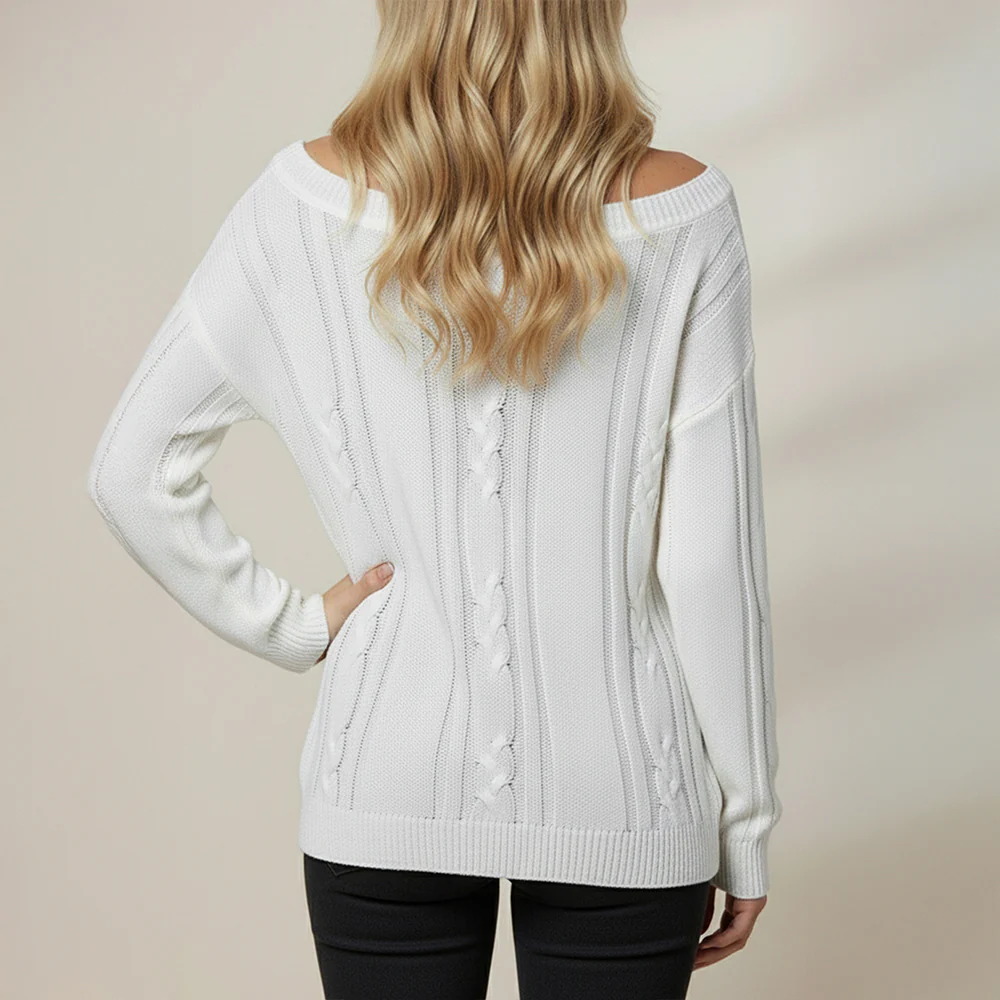 Slouchy Asymmetrical Neck Knitted Sweater - White - Image 2