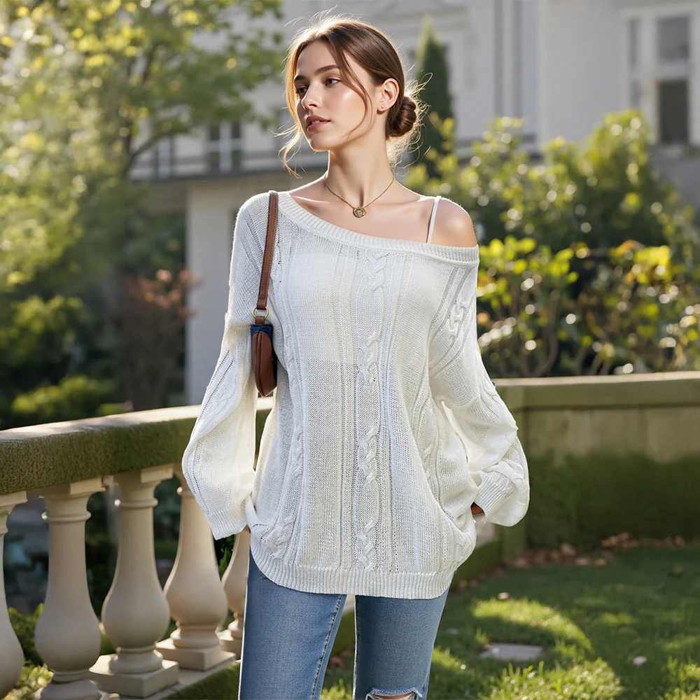 Slouchy Asymmetrical Neck Knitted Sweater - White - Image 4