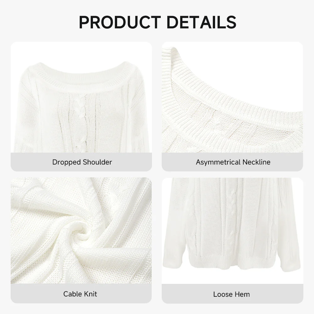 Slouchy Asymmetrical Neck Knitted Sweater - White - Image 6