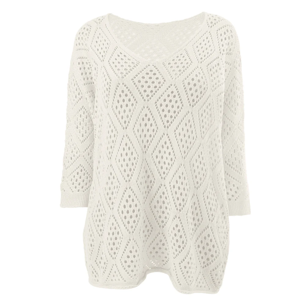 Solid Hollow Out Knitted Cover Up Top with Long Sleeves - Image 3