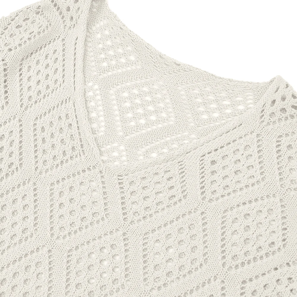 Solid Hollow Out Knitted Cover Up Top with Long Sleeves - Image 5