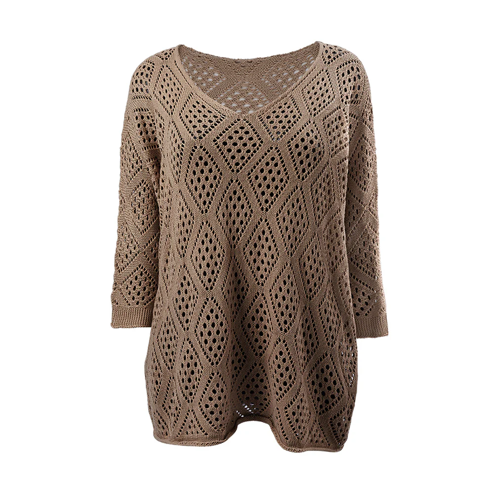 Solid Hollow Out Knitted Cover Up Top with Long Sleeves - Image 3