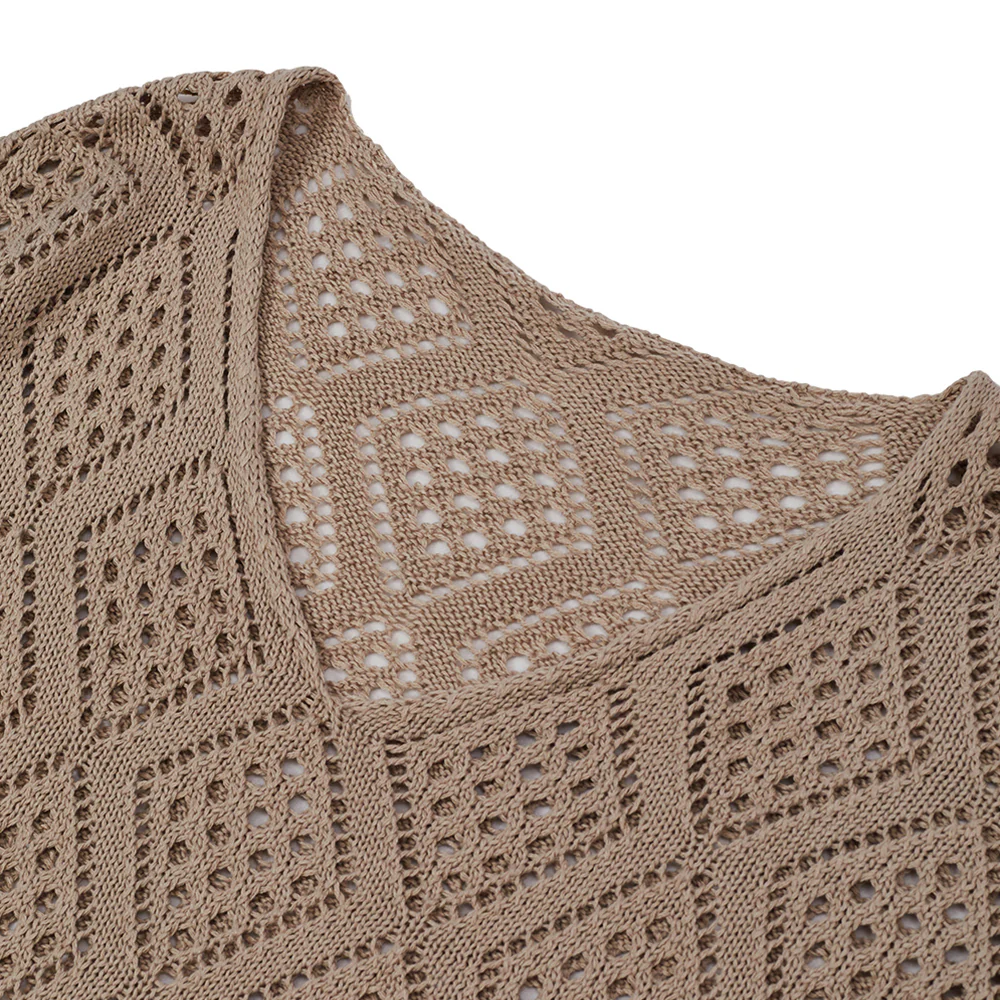 Solid Hollow Out Knitted Cover Up Top with Long Sleeves - Image 5