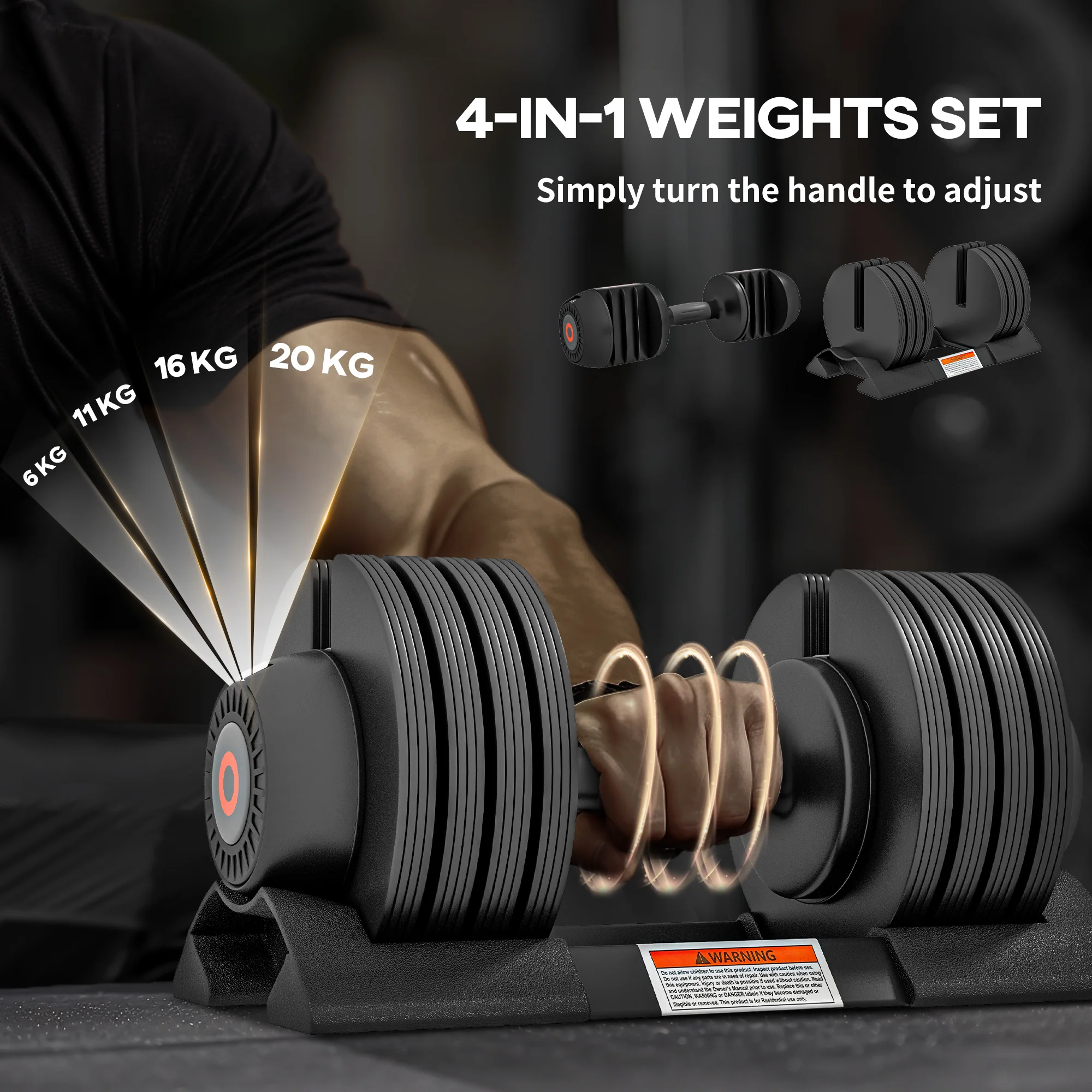 SPORTNOW 4-in-1 Adjustable Dumbbells, Weights Set, 6kg, 11kg, 16kg, 20kg - Image 3