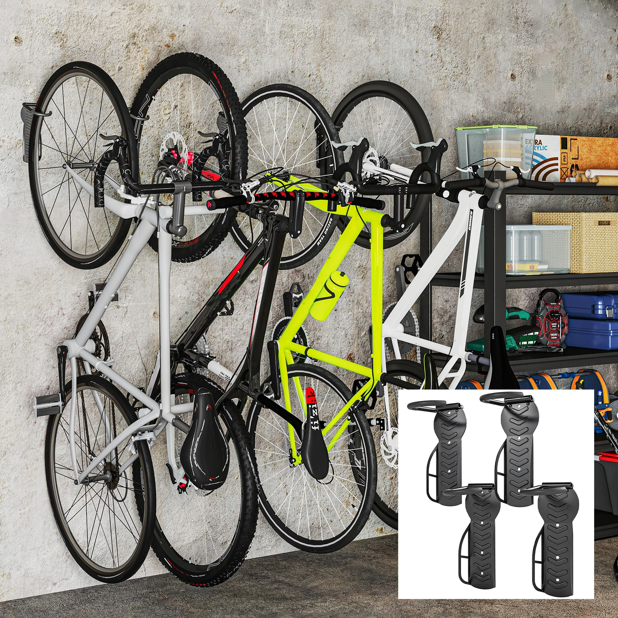 SPORTNOW 4 Pack Bike Rack, Wall Mounted Bike Hooks for Garage - Image 2