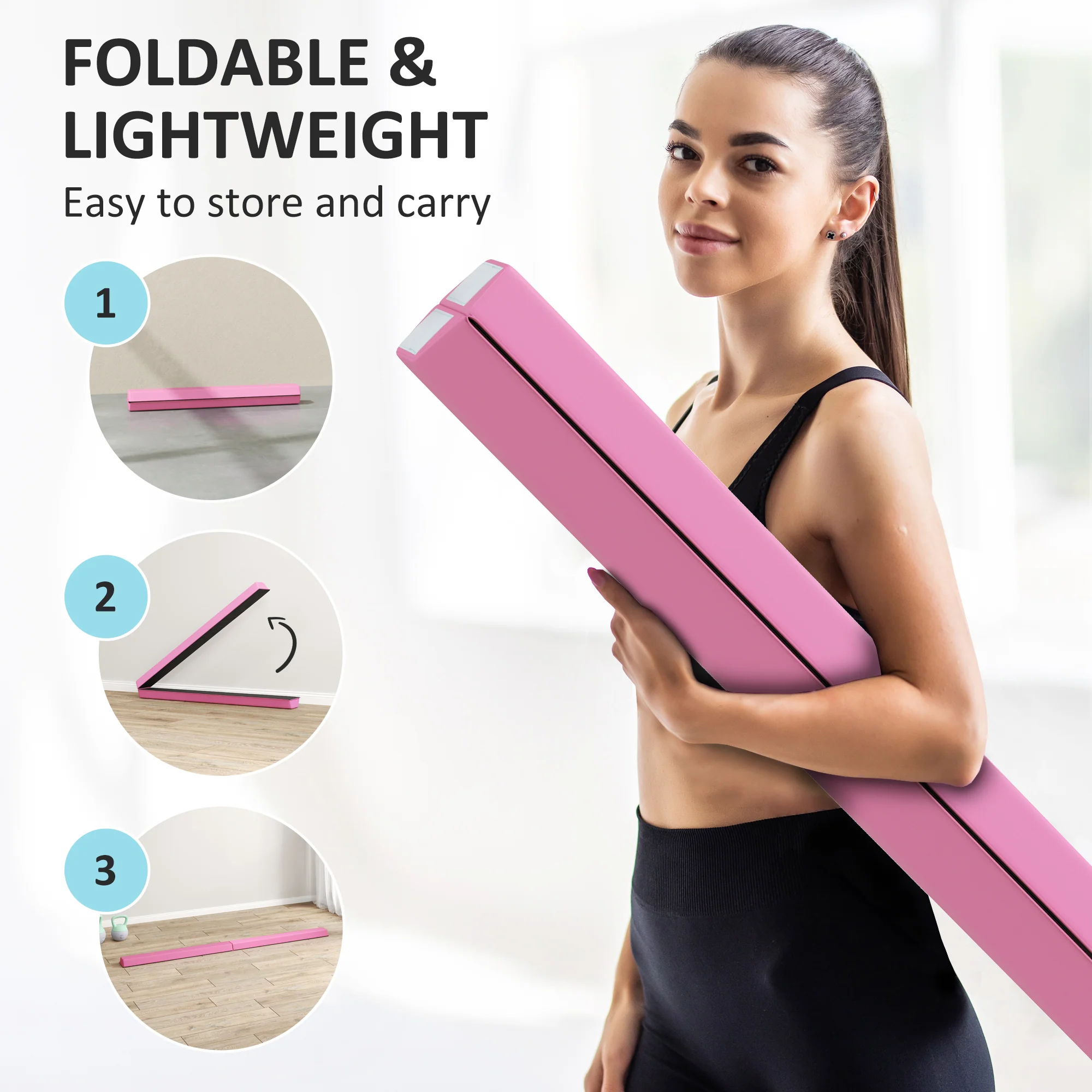 SPORTNOW 7.7FT Folding Gymnastics Balance Beam With Anti-Slip Base, Pink - Image 3