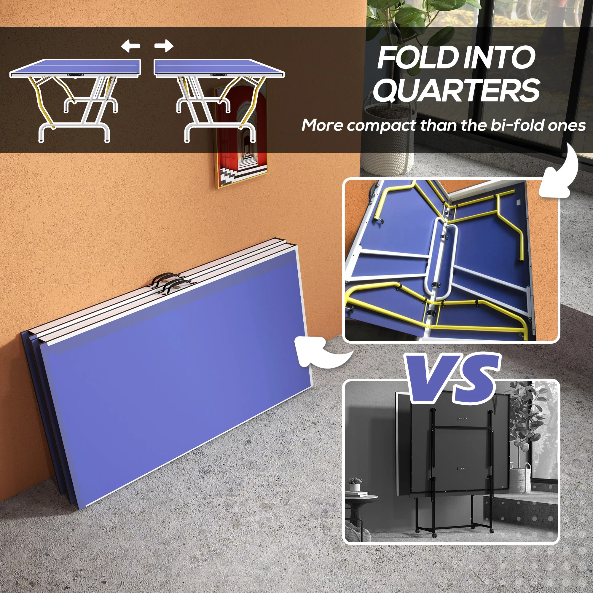 SPORTNOW 9FT Foldable Table Tennis Table with Cover, Net, Paddles, Balls - Blue - Image 3