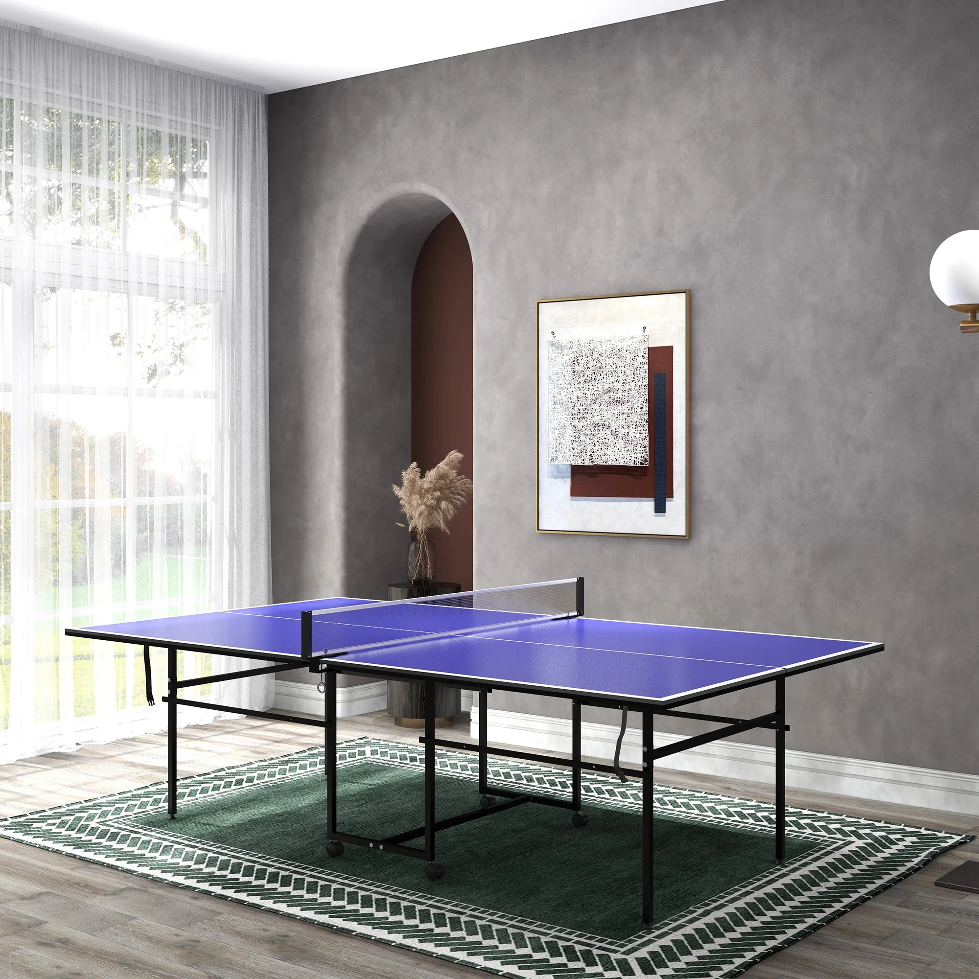 SPORTNOW 9FT Folding Table Tennis Table w/ 4 Wheels, for Indoors, Blue - Image 2
