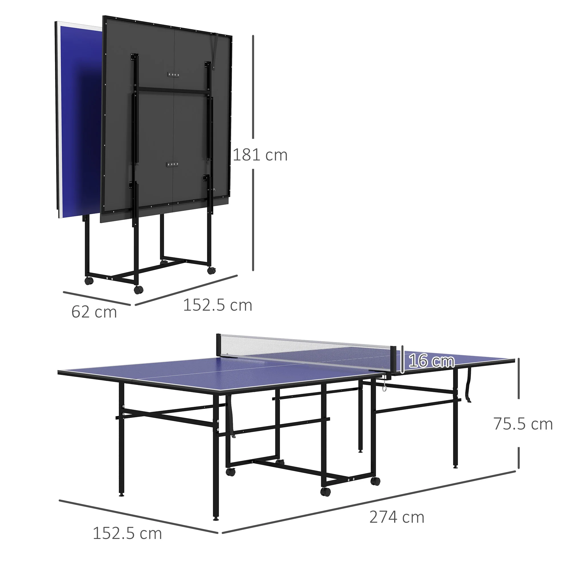 SPORTNOW 9FT Folding Table Tennis Table w/ 4 Wheels, for Indoors, Blue - Image 5