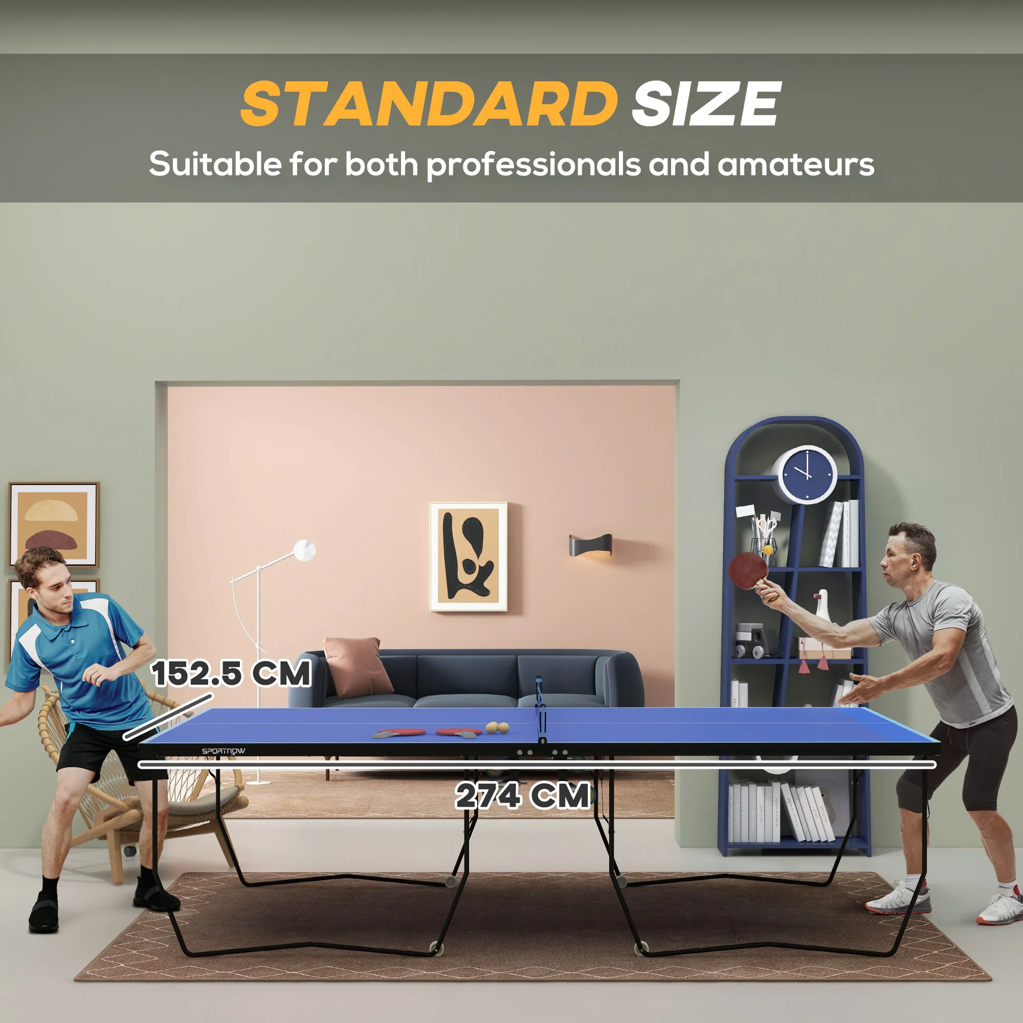 SPORTNOW 9FT Folding Table Tennis Table w/ 8 Wheels, for Indoors - Blue - Image 3