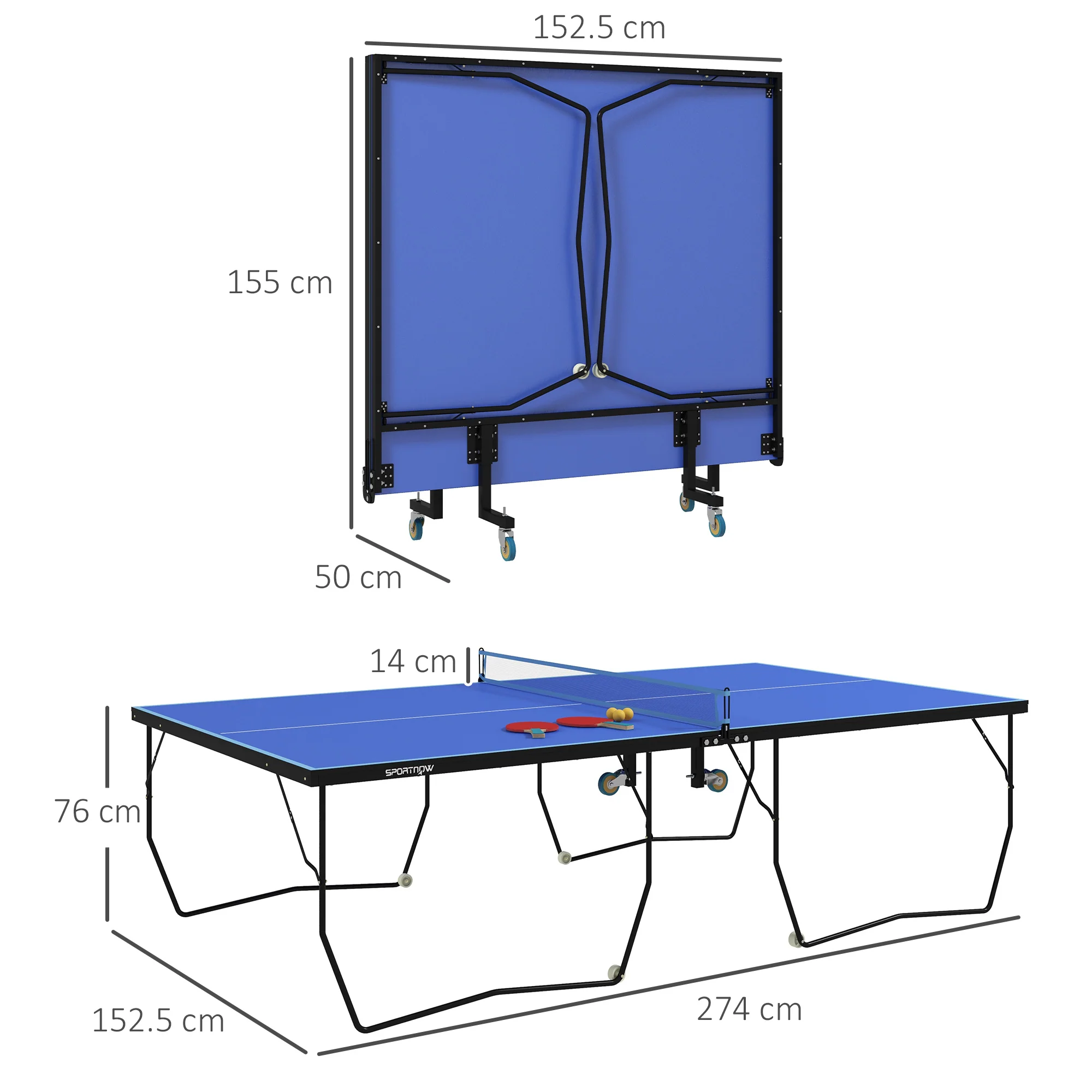 SPORTNOW 9FT Folding Table Tennis Table w/ 8 Wheels, for Indoors - Blue - Image 5