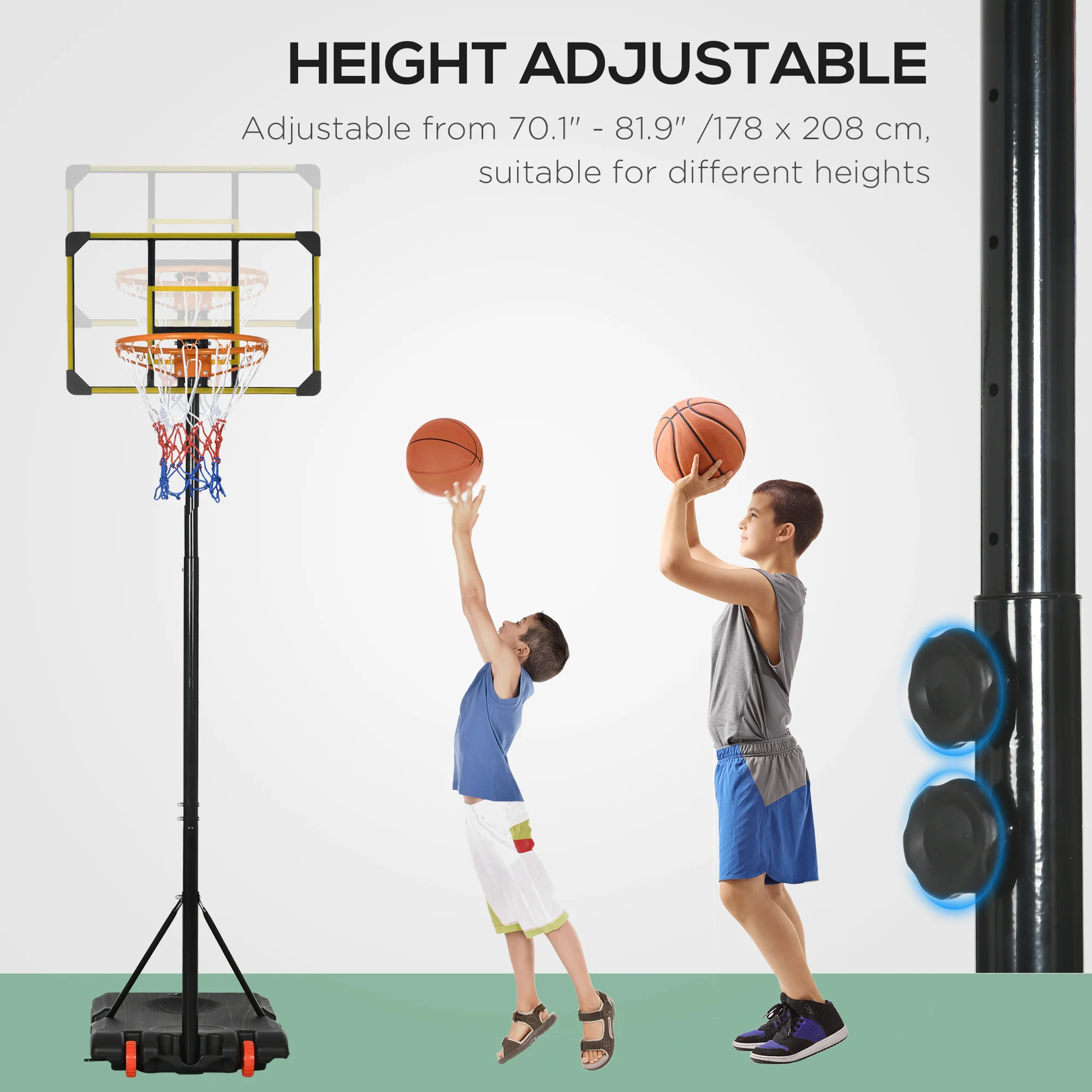SPORTNOW Adjustable Basketball Hoop and Stand w/ Wheels, 1.8-2.1m, Yellow - Image 3