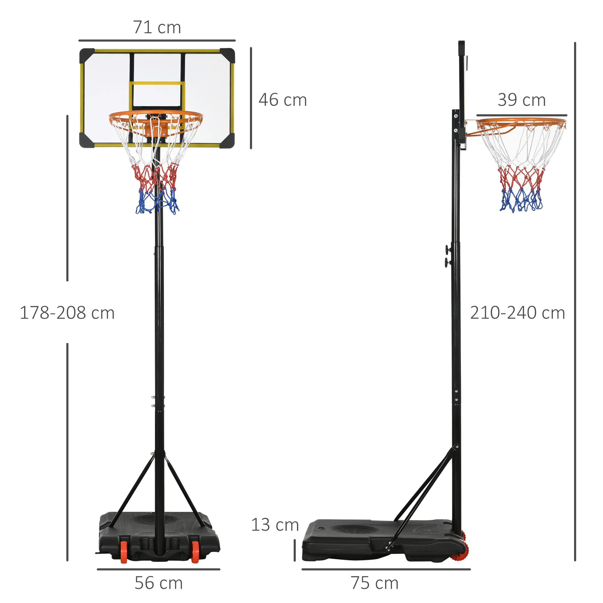 SPORTNOW Adjustable Basketball Hoop and Stand w/ Wheels, 1.8-2.1m, Yellow - Image 5