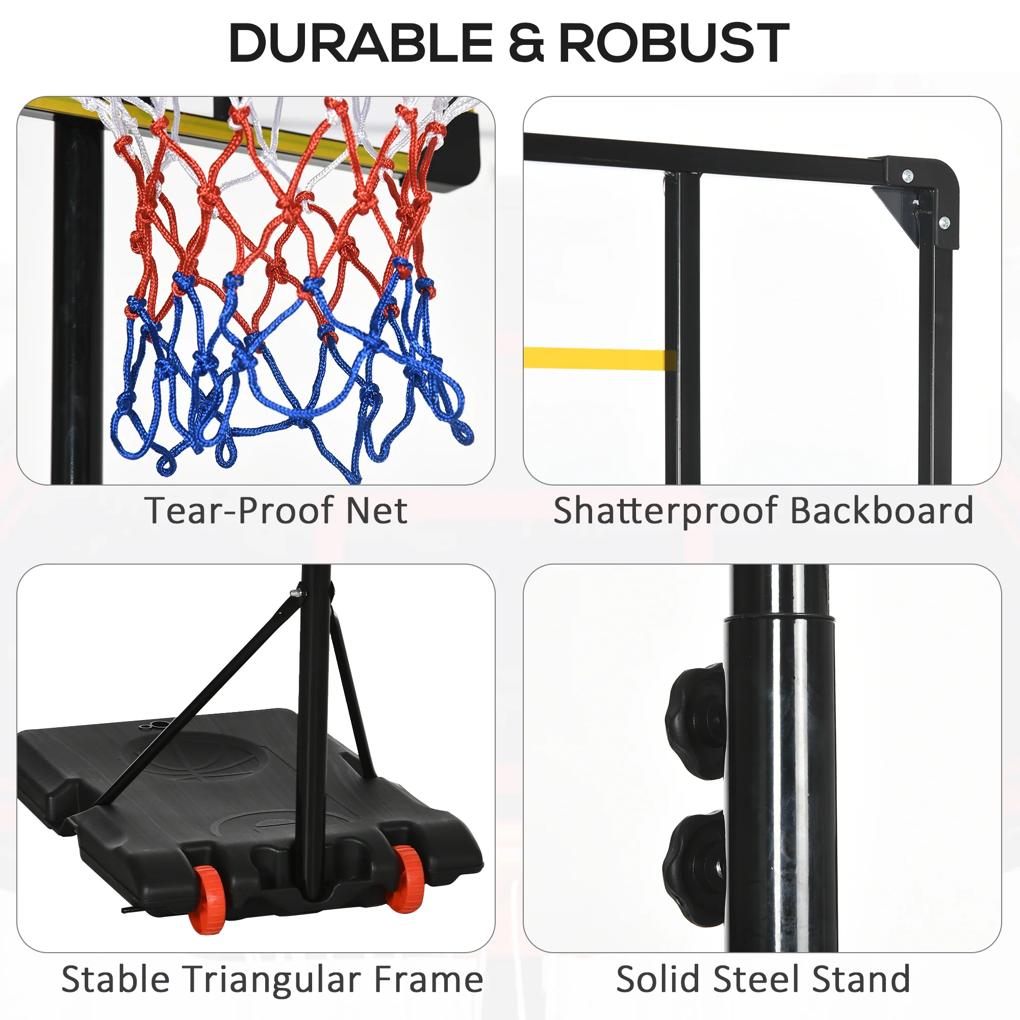SPORTNOW Adjustable Basketball Hoop and Stand w/ Wheels, 1.8-2.1m, Yellow - Image 7