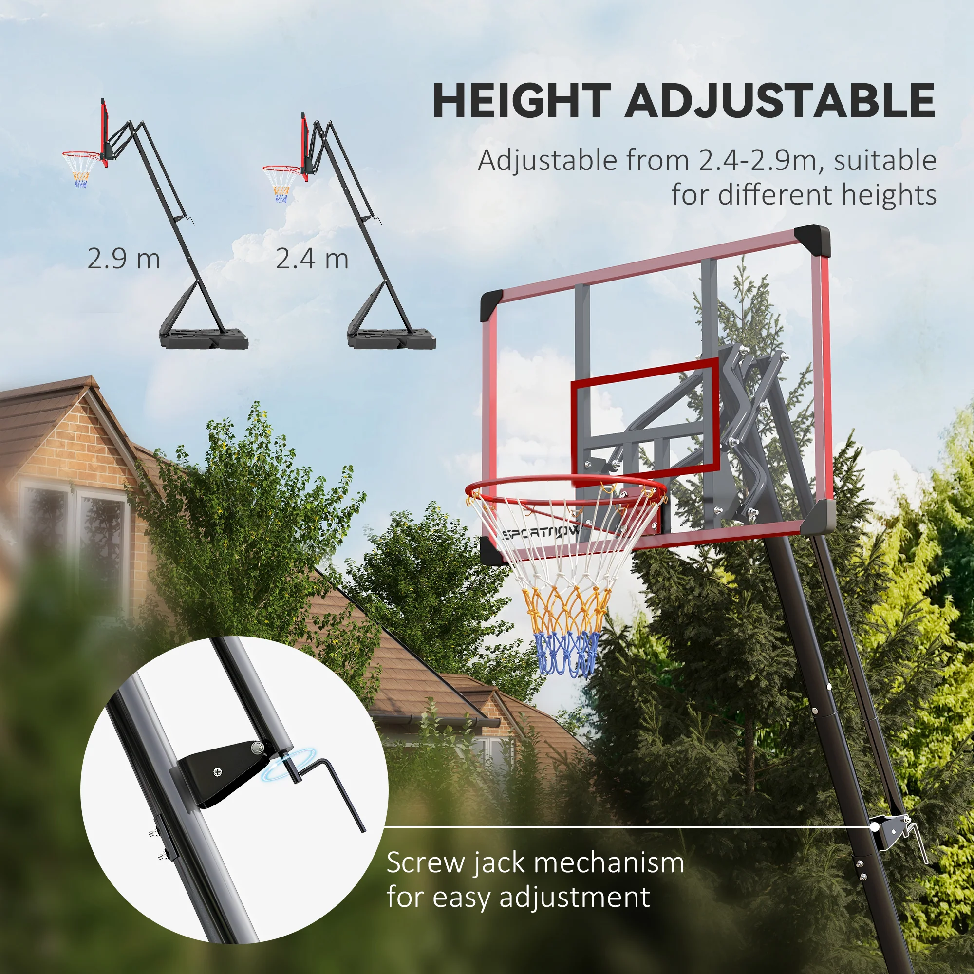 SPORTNOW Adjustable Basketball Hoop with Weighted Base, 2.4-2.9m, Red - Image 3