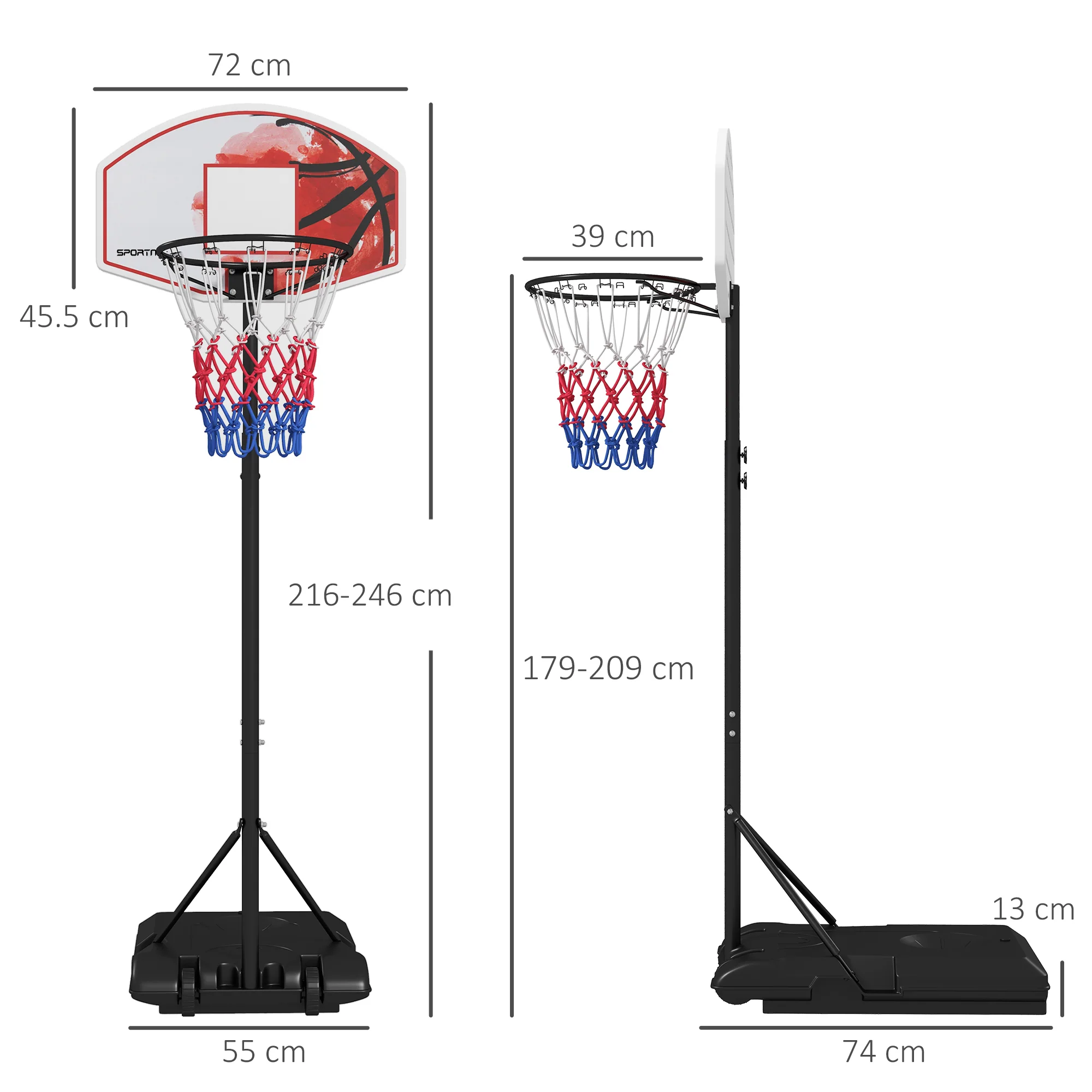 SPORTNOW Adjustable Basketball Stand Net Set System with Wheels, 179-209cm - Image 5